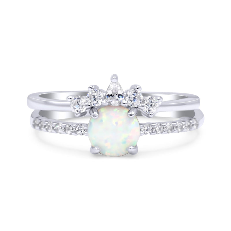 Two Piece Vintage Style Bridal Set Ring Band Round Lab Created White Opal Simulated CZ 925 Sterling Silver