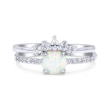 Two Piece Vintage Style Bridal Set Ring Band Round Lab Created White Opal Simulated CZ 925 Sterling Silver