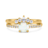 Two Piece Vintage Style Bridal Set Ring Band Round Lab Created White Opal Simulated CZ 925 Sterling Silver