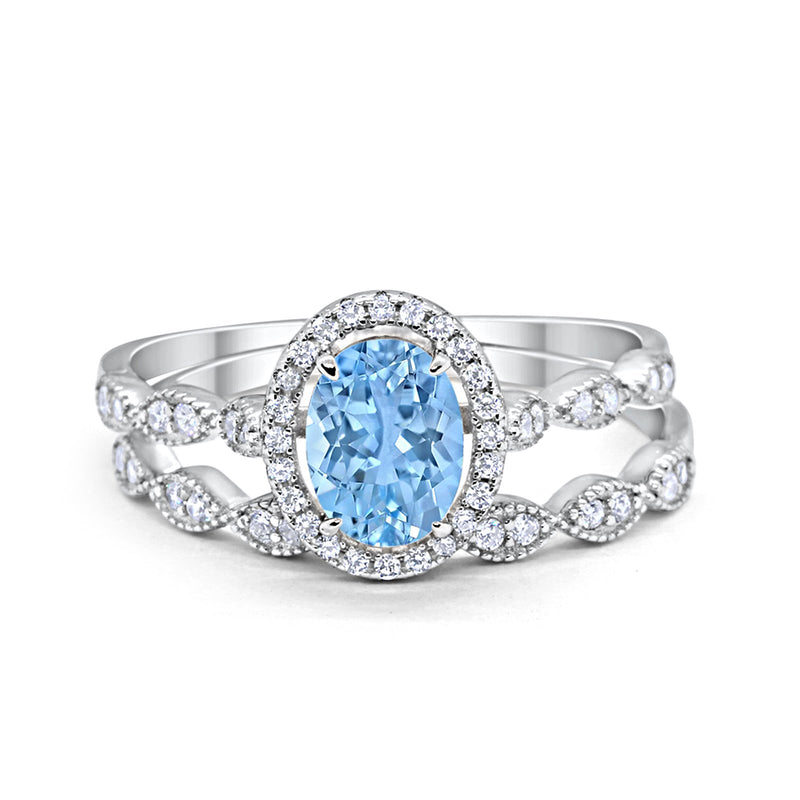 Halo Oval Bridal Wedding Set Ring Art Deco Oval Round Cubic Zirconia Solid 925 Sterling Silver Choose Color Size 4 to 12