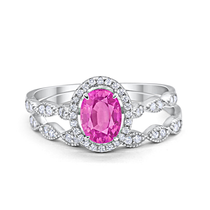 Halo Oval Bridal Wedding Set Ring Art Deco Oval Round Cubic Zirconia Solid 925 Sterling Silver Choose Color Size 4 to 12