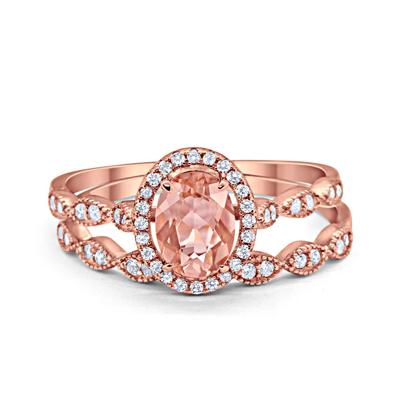 Halo Oval Bridal Wedding Set Ring Art Deco Oval Round Cubic Zirconia Solid 925 Sterling Silver Choose Color Size 4 to 12
