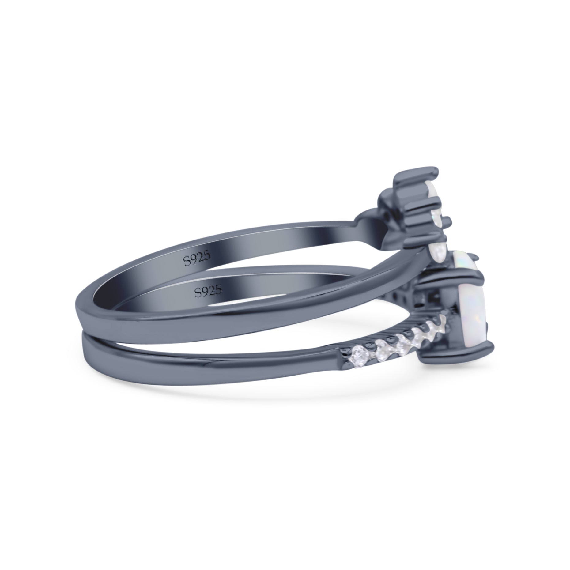 Two Piece Vintage Style Bridal Set Ring Band Round Lab Created White Opal Simulated CZ 925 Sterling Silver