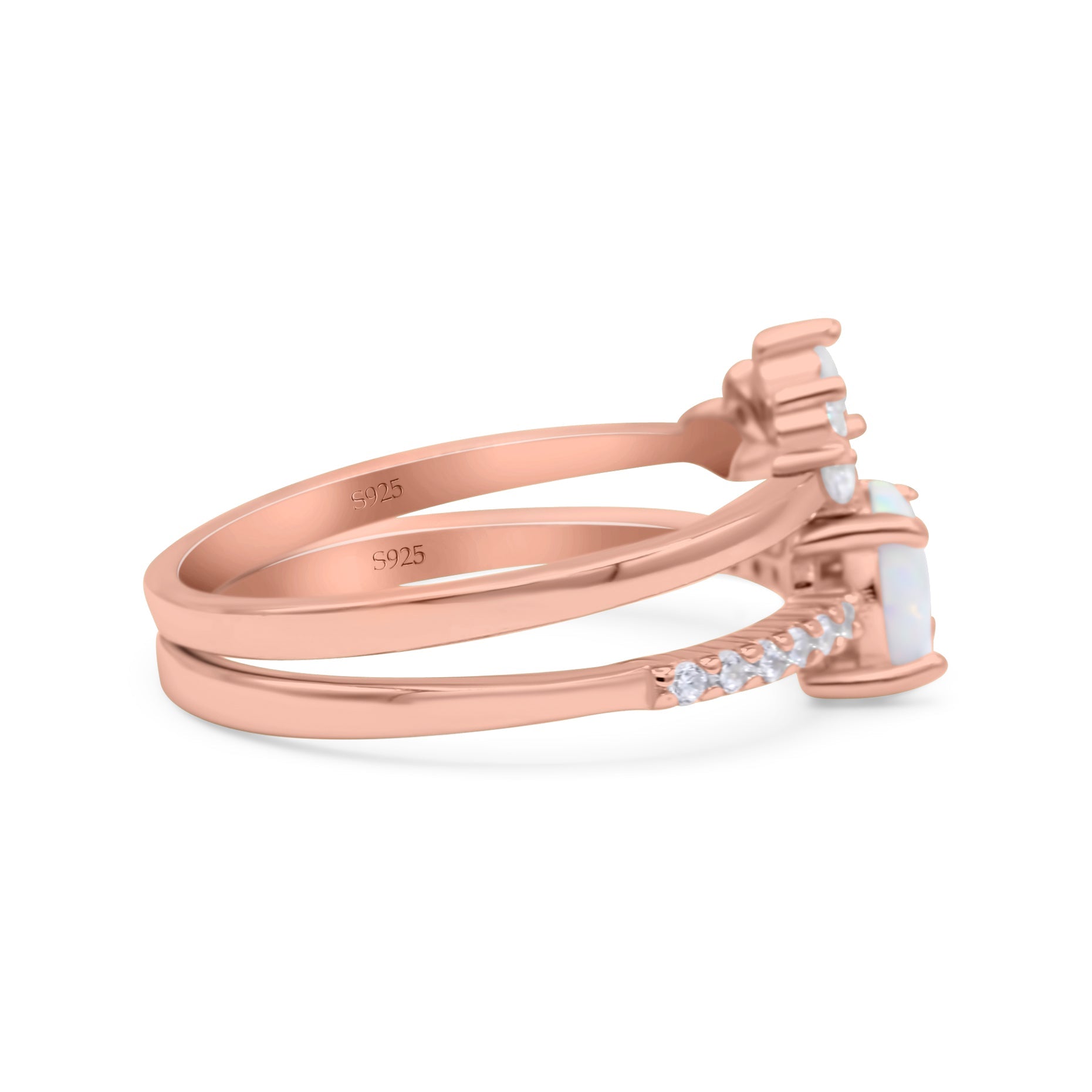 Two Piece Vintage Style Bridal Set Ring Band Round Lab Created White Opal Simulated CZ 925 Sterling Silver