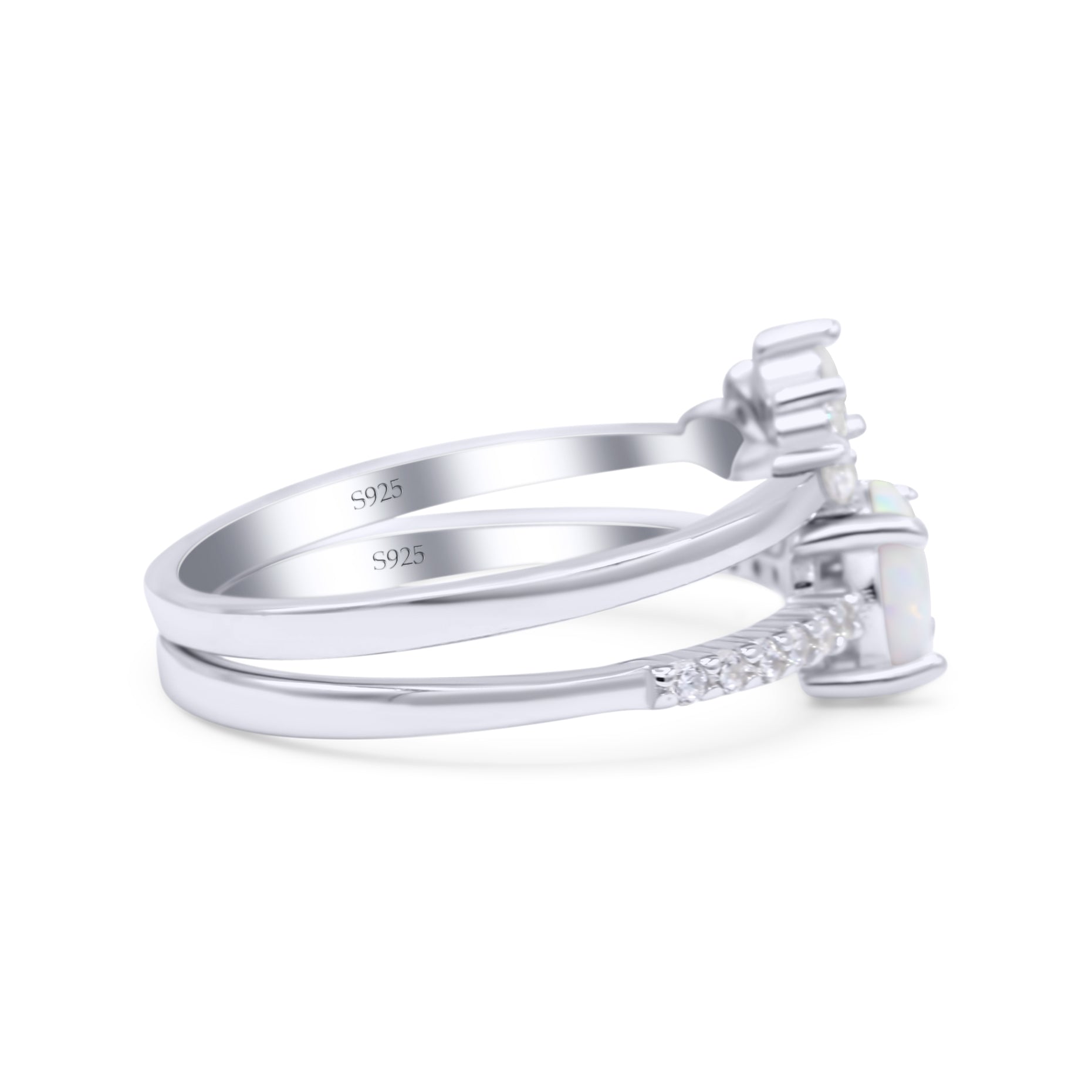 Two Piece Vintage Style Bridal Set Ring Band Round Lab Created White Opal Simulated CZ 925 Sterling Silver