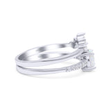 Two Piece Vintage Style Bridal Set Ring Band Round Lab Created White Opal Simulated CZ 925 Sterling Silver