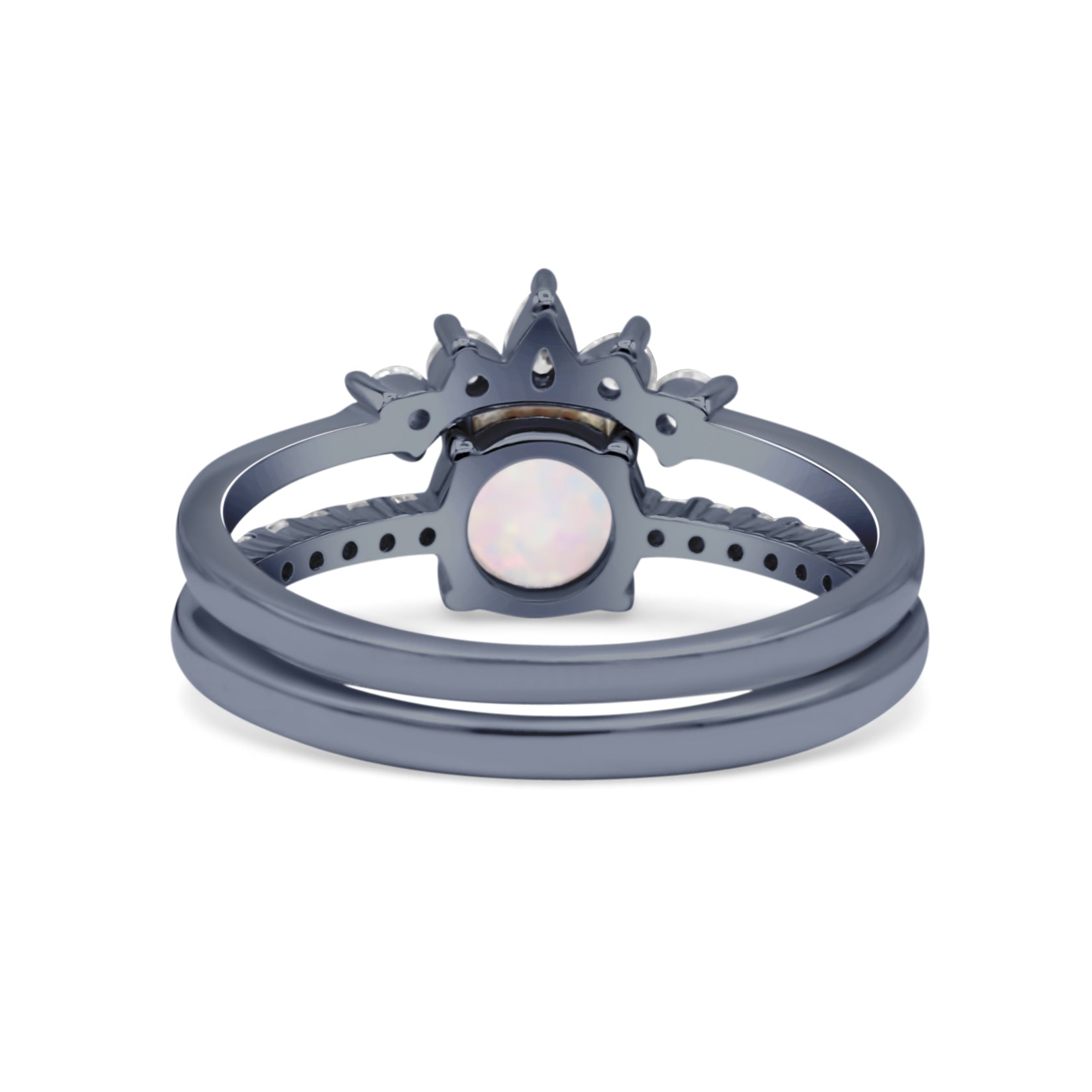 Two Piece Vintage Style Bridal Set Ring Band Round Lab Created White Opal Simulated CZ 925 Sterling Silver