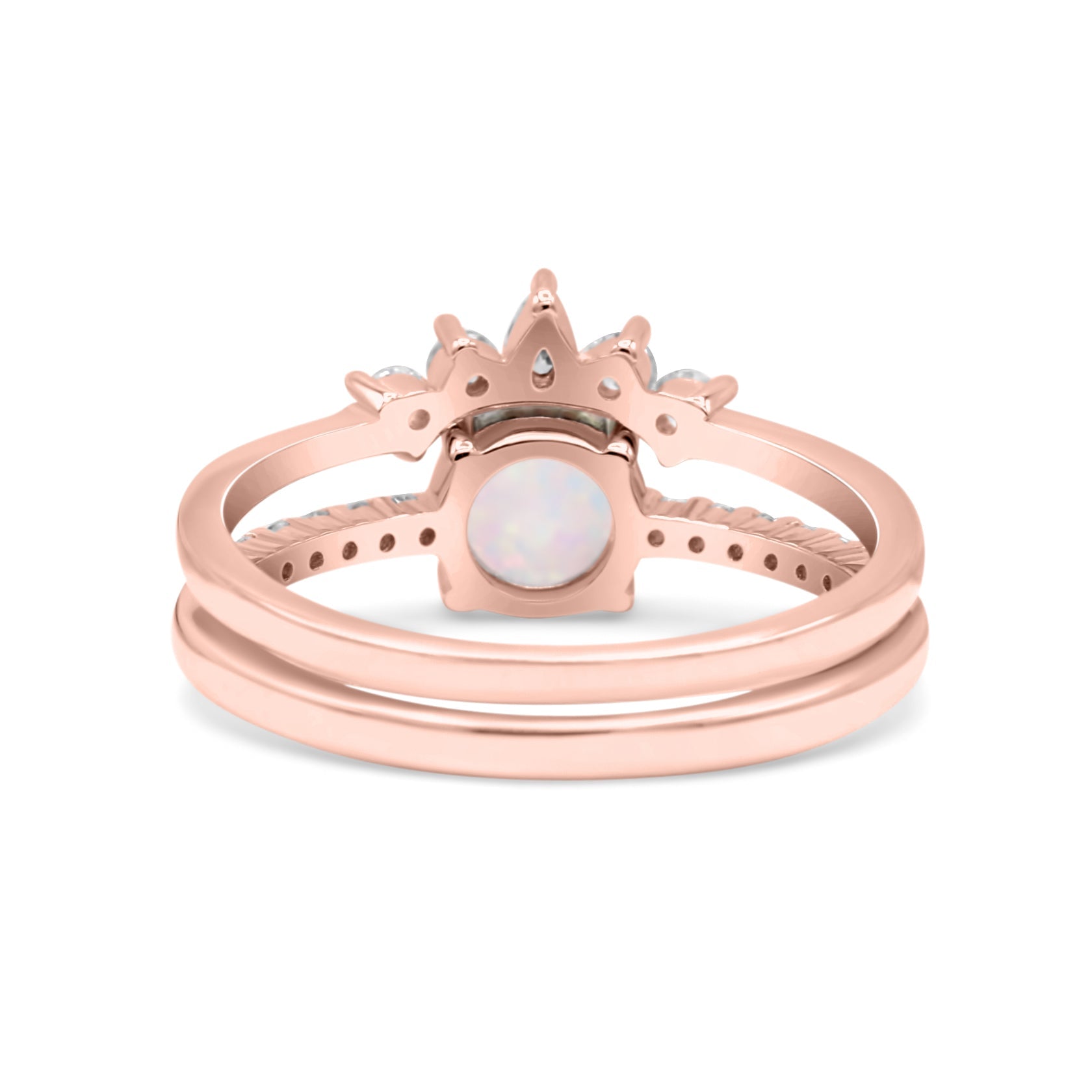 Two Piece Vintage Style Bridal Set Ring Band Round Lab Created White Opal Simulated CZ 925 Sterling Silver