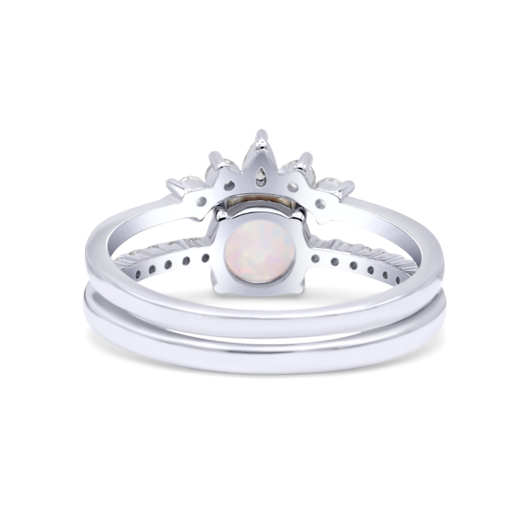 Two Piece Vintage Style Bridal Set Ring Band Round Lab Created White Opal Simulated CZ 925 Sterling Silver