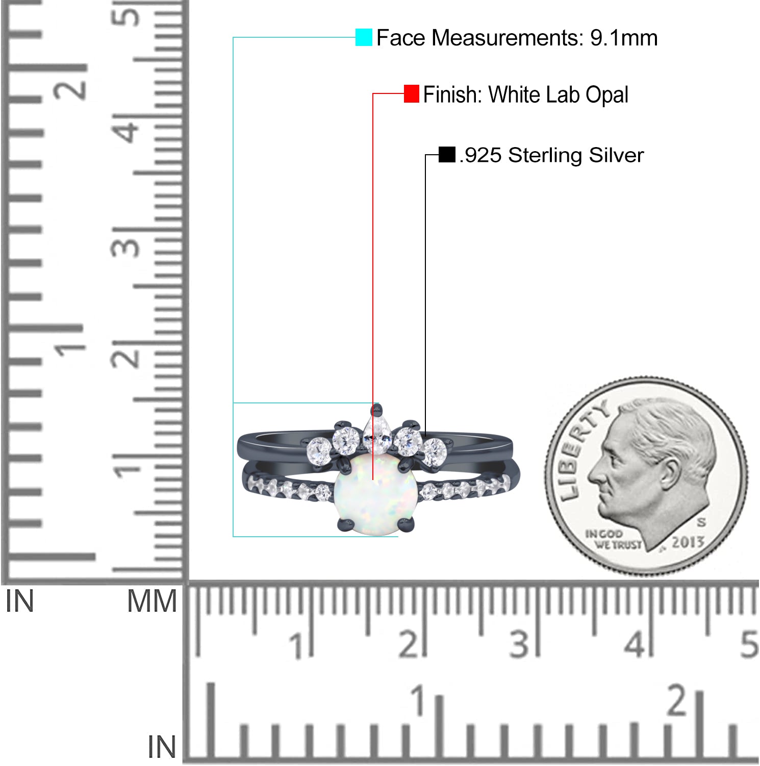 Two Piece Vintage Style Bridal Set Ring Band Round Lab Created White Opal Simulated CZ 925 Sterling Silver