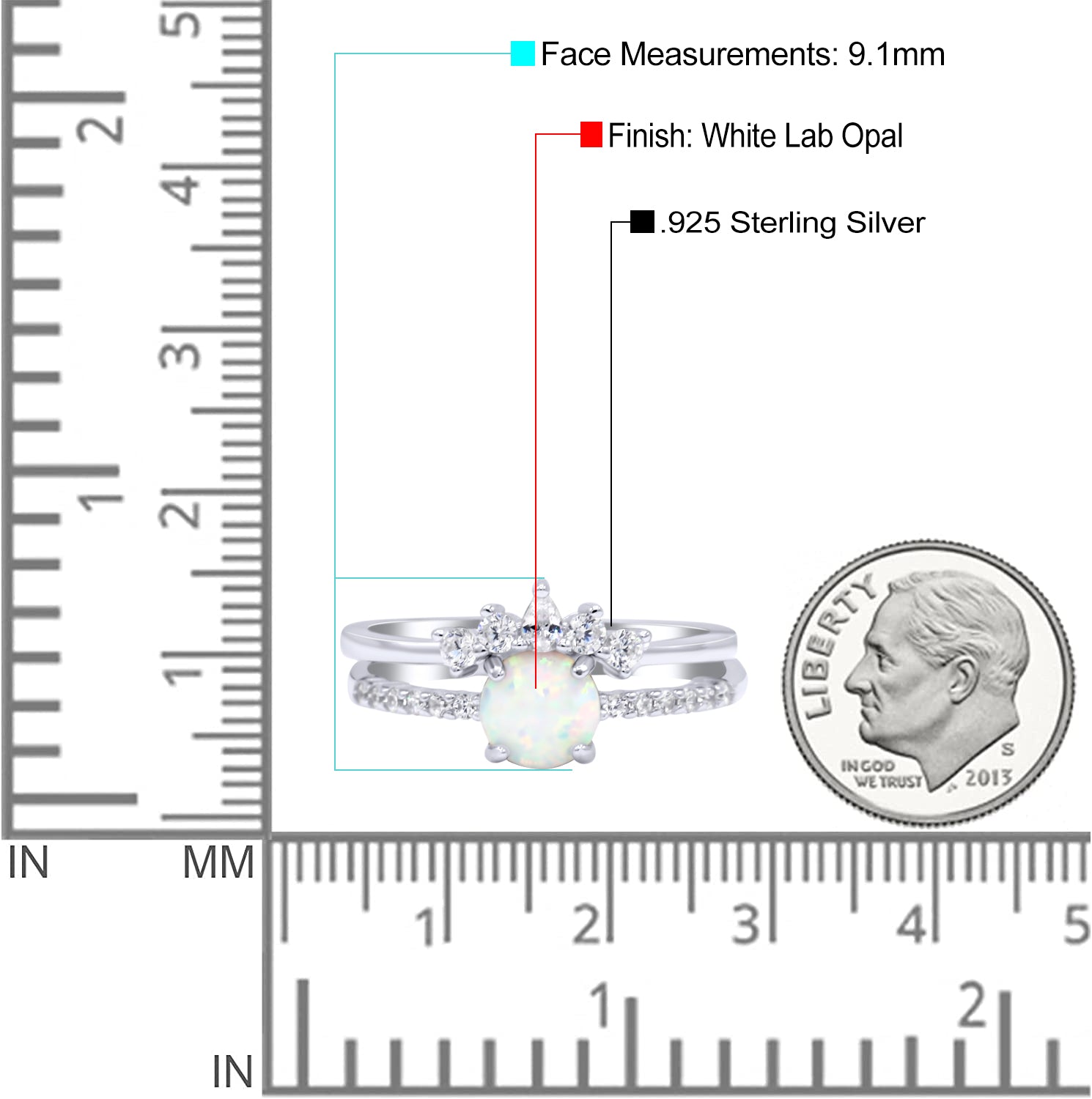 Two Piece Vintage Style Bridal Set Ring Band Round Lab Created White Opal Simulated CZ 925 Sterling Silver