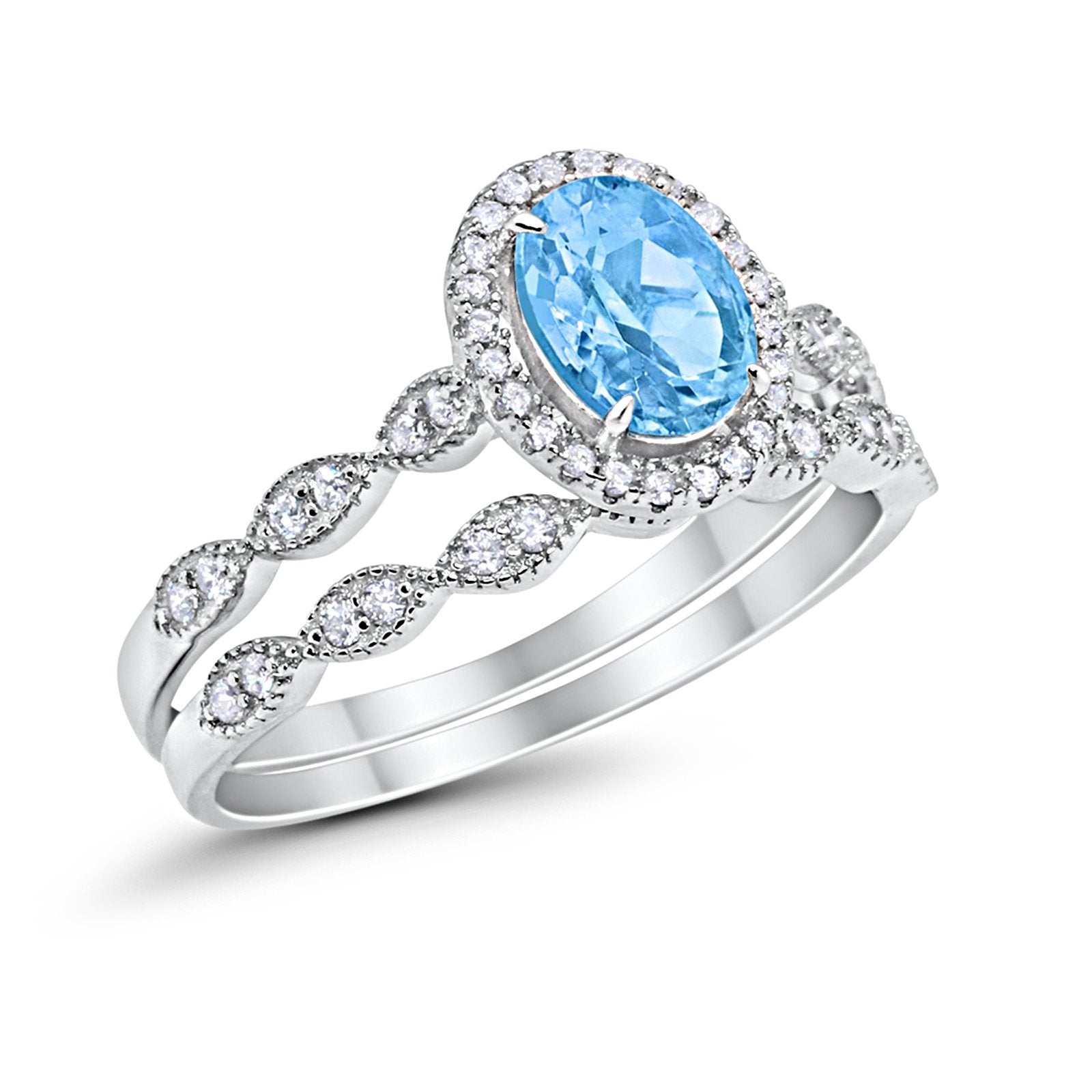 Halo Oval Bridal Wedding Set Ring Art Deco Oval Round Cubic Zirconia Solid 925 Sterling Silver Choose Color Size 4 to 12