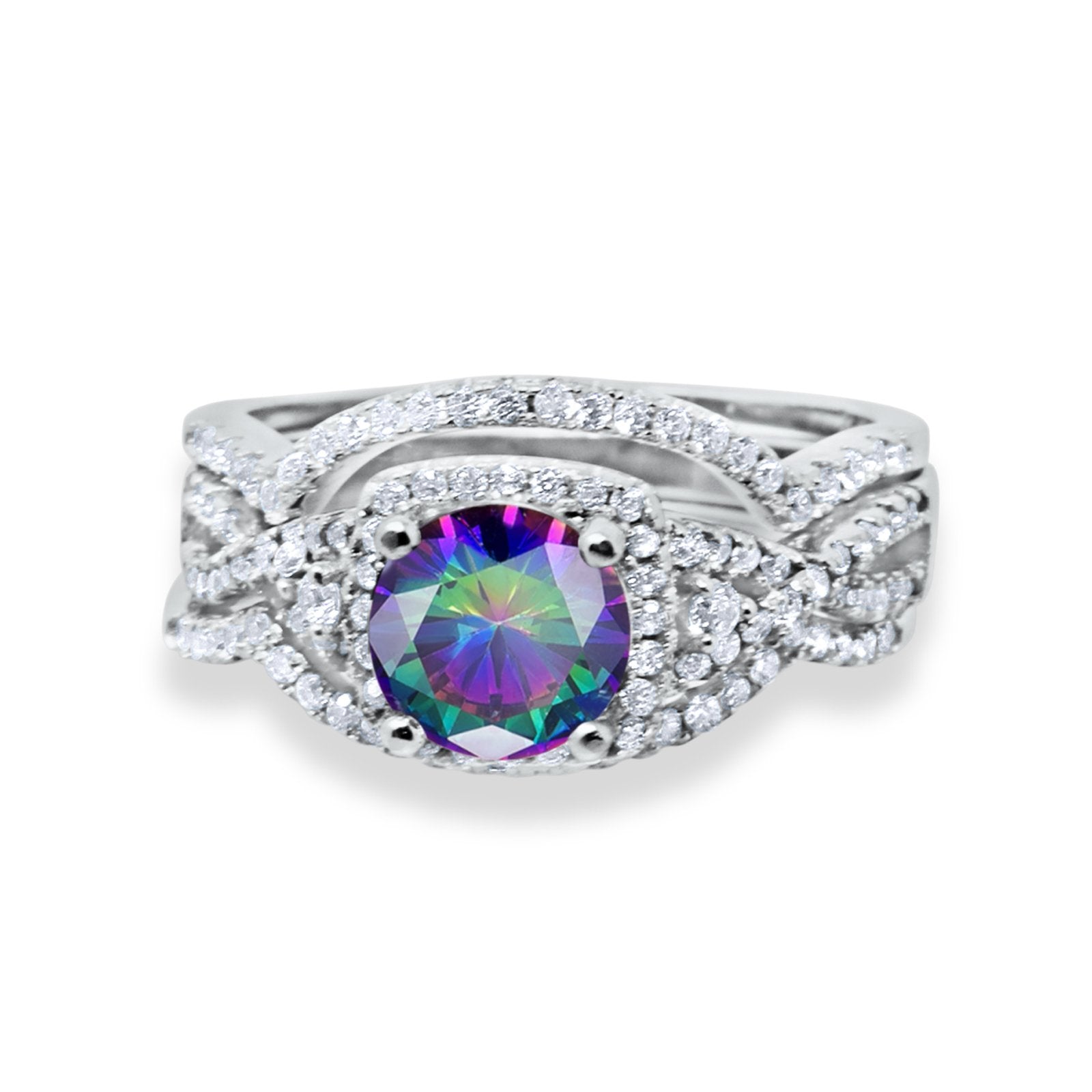 Halo Wedding Trio Piece Ring Simulated Cubic Zirconia 925 Sterling Silver