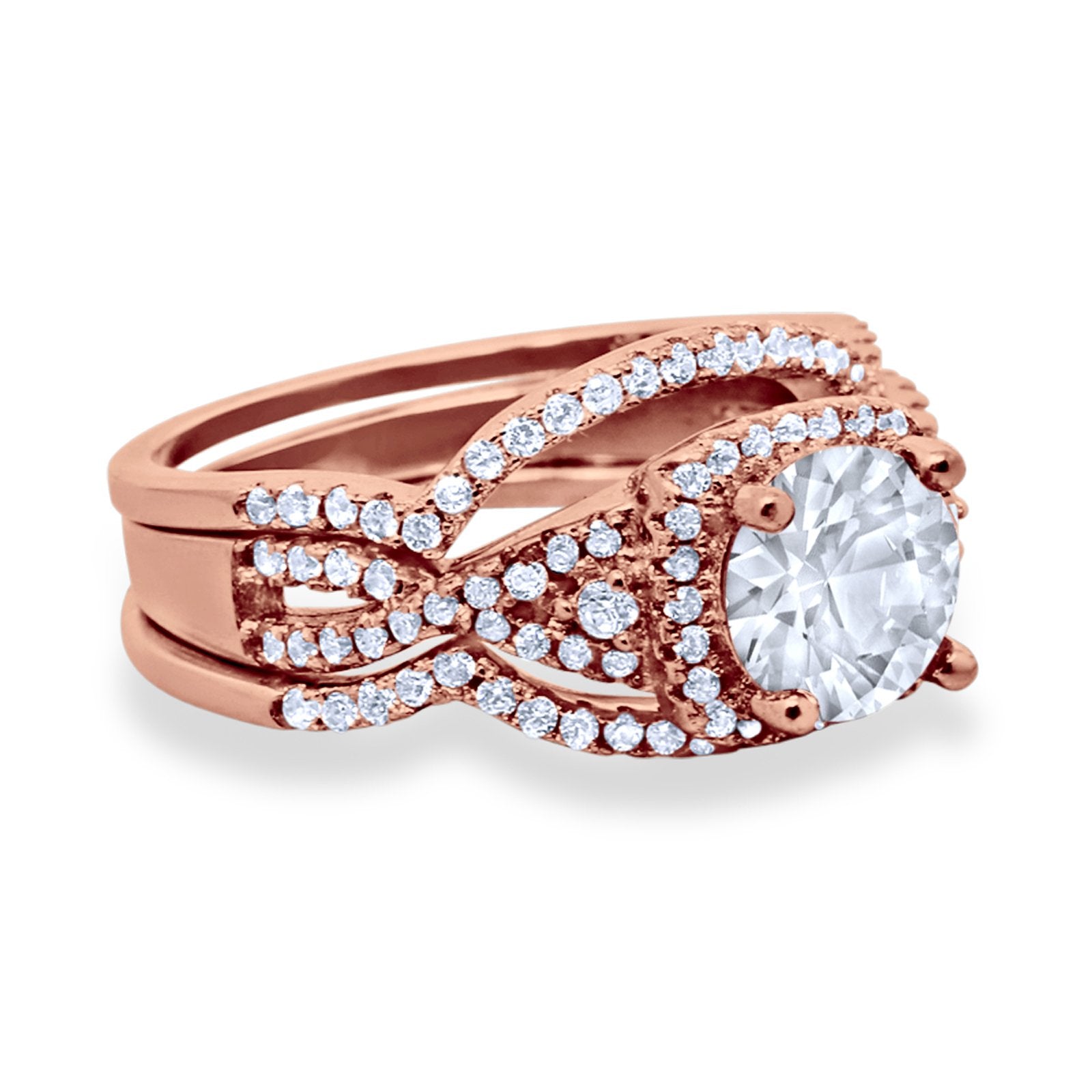 Halo Wedding Trio Piece Ring Simulated Cubic Zirconia 925 Sterling Silver