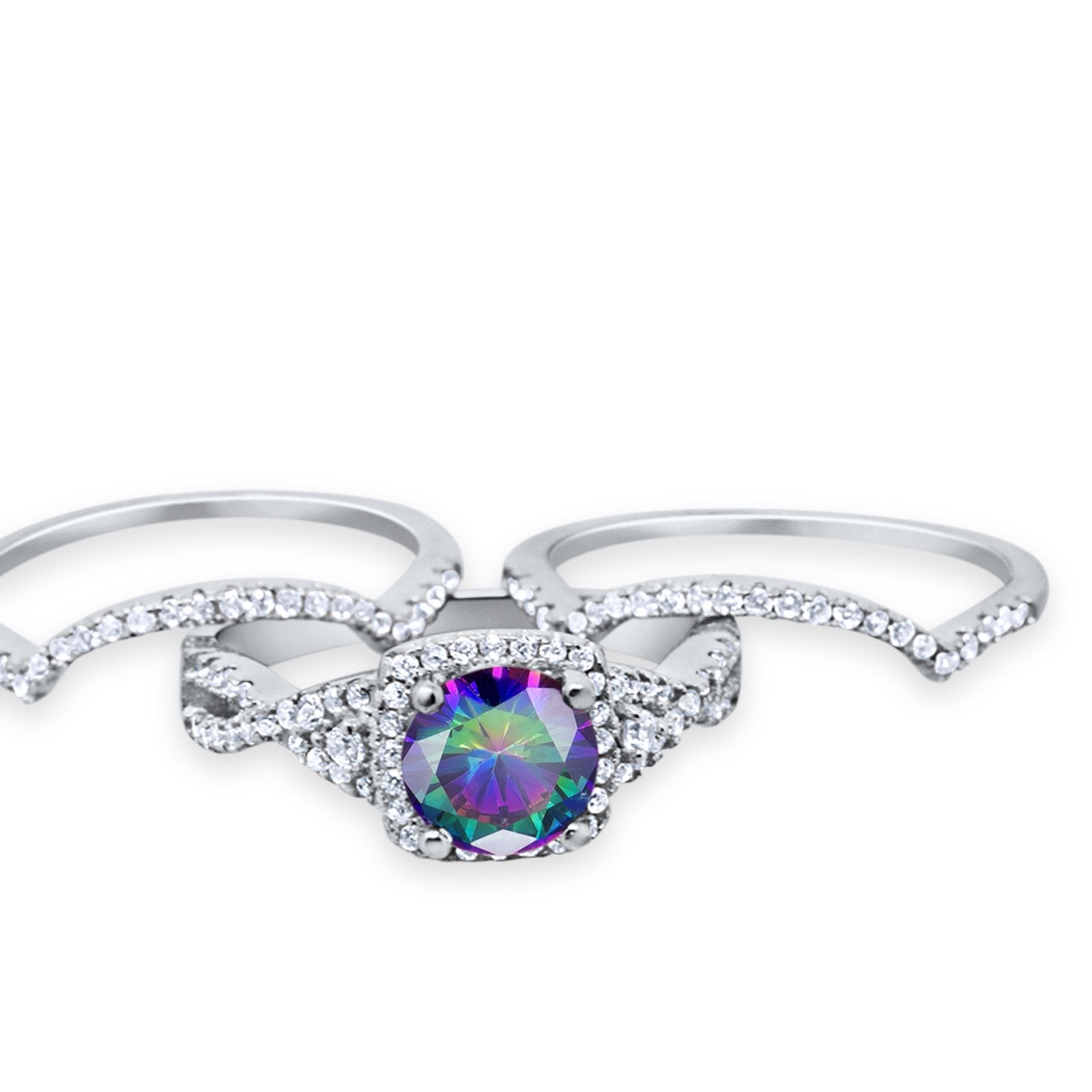 Halo Wedding Trio Piece Ring Simulated Cubic Zirconia 925 Sterling Silver