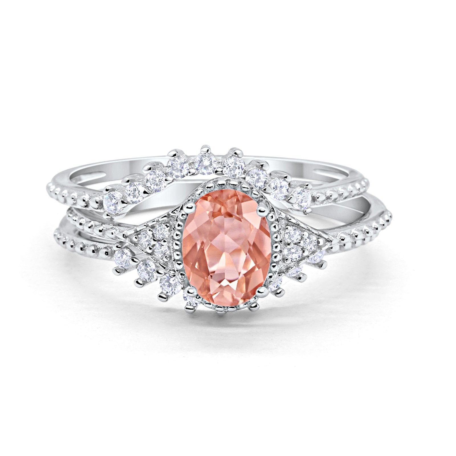 Art Deco Three Piece Bridal Set Oval Round Cubic Zirconia Wedding Band Engagement Ring 925 Sterling Silver Size 4 to 12