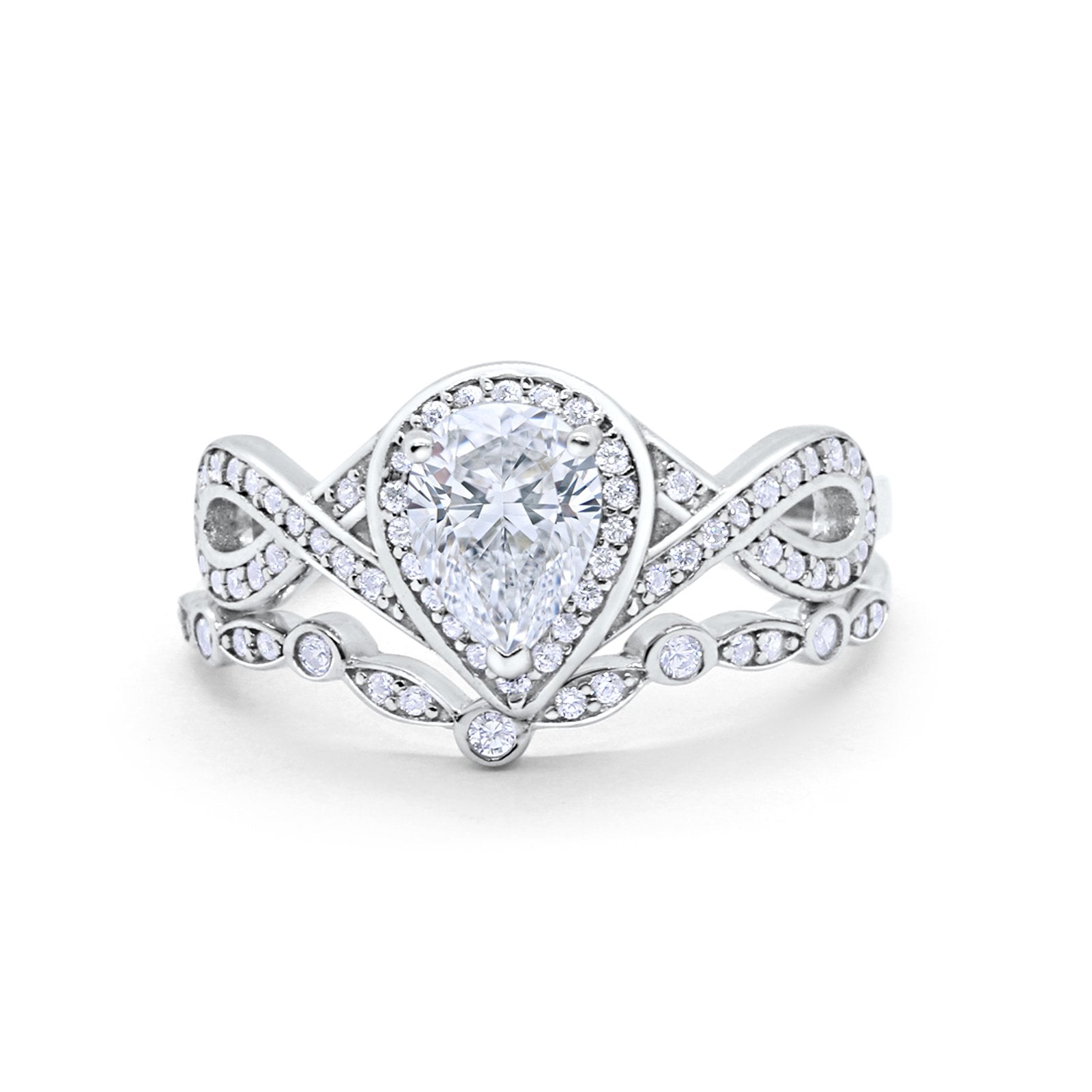 Teardrop Art Deco Wedding Ring Piece Simulated Cubic Zirconia 925 Sterling Silver