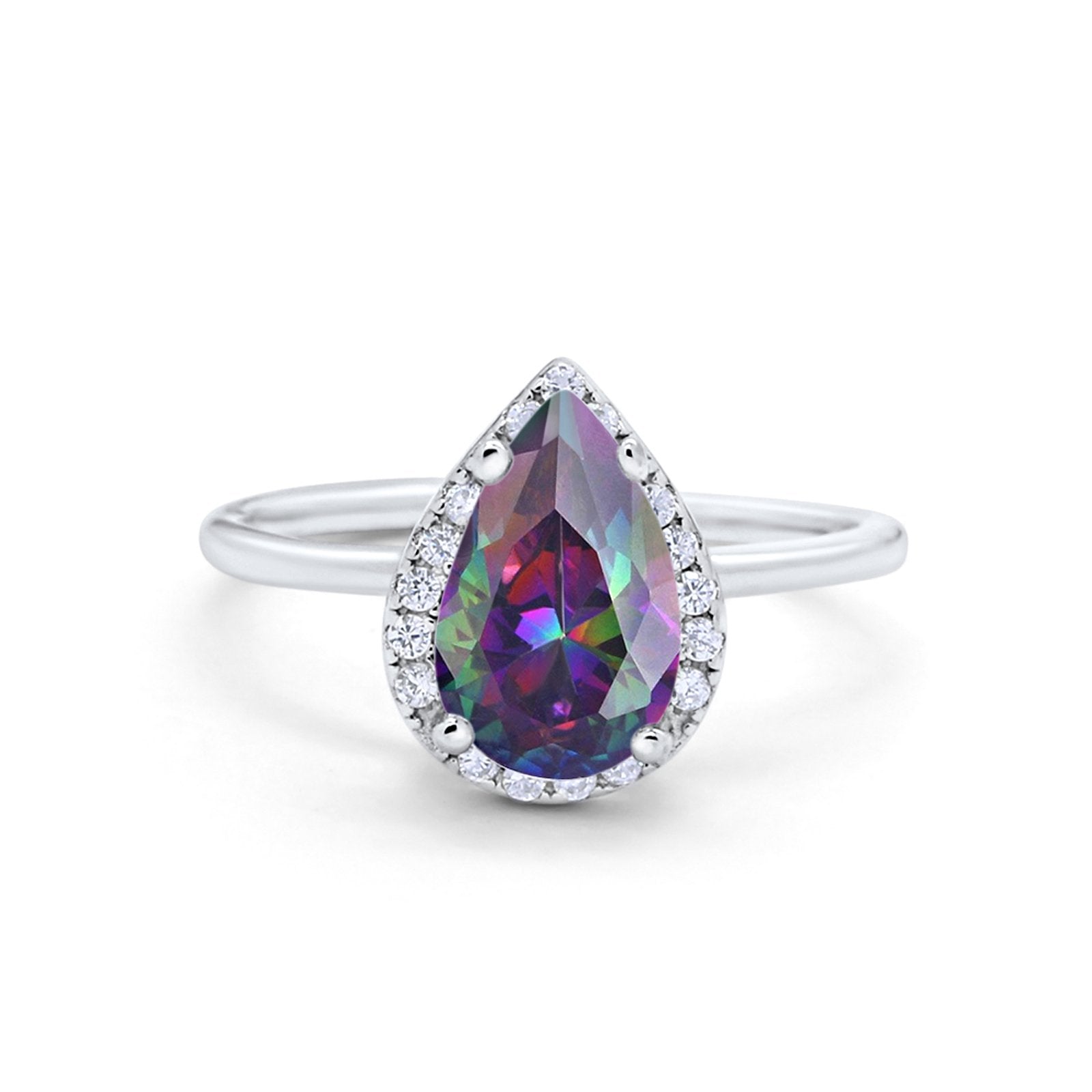 Halo Teardrop Pear Engagement Ring Simulated Cubic Zirconia 925 Sterling Silver