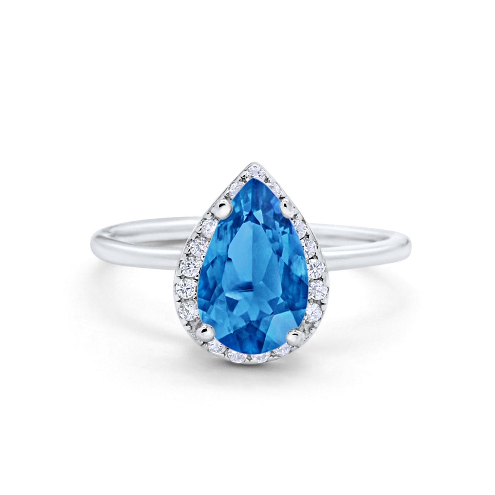 Halo Teardrop Pear Engagement Ring Simulated Cubic Zirconia 925 Sterling Silver