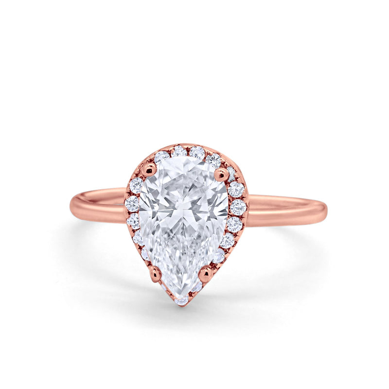 Halo Teardrop Pear Engagement Ring Simulated Cubic Zirconia 925 Sterling Silver