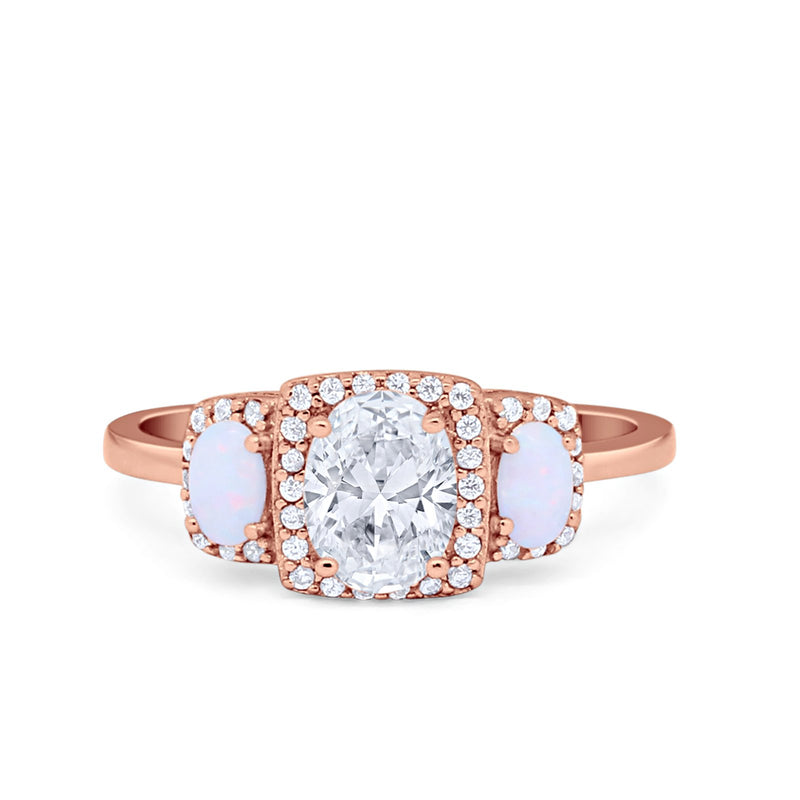 Three Stone Halo Wedding Engagement Ring Oval Round Cubic Zirconia 925 Sterling Silver Choose Color