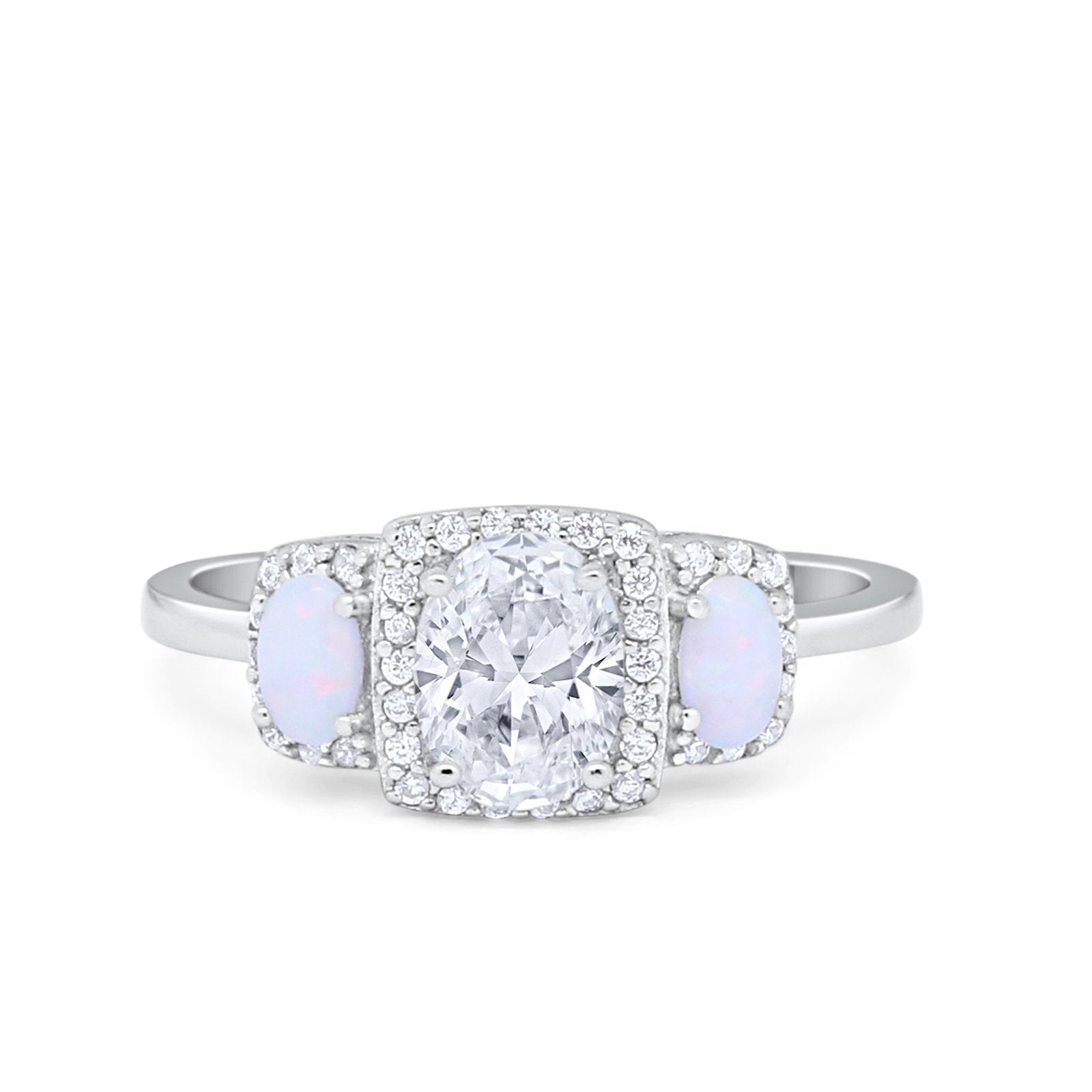 Three Stone Halo Wedding Engagement Ring Oval Round Cubic Zirconia 925 Sterling Silver Choose Color