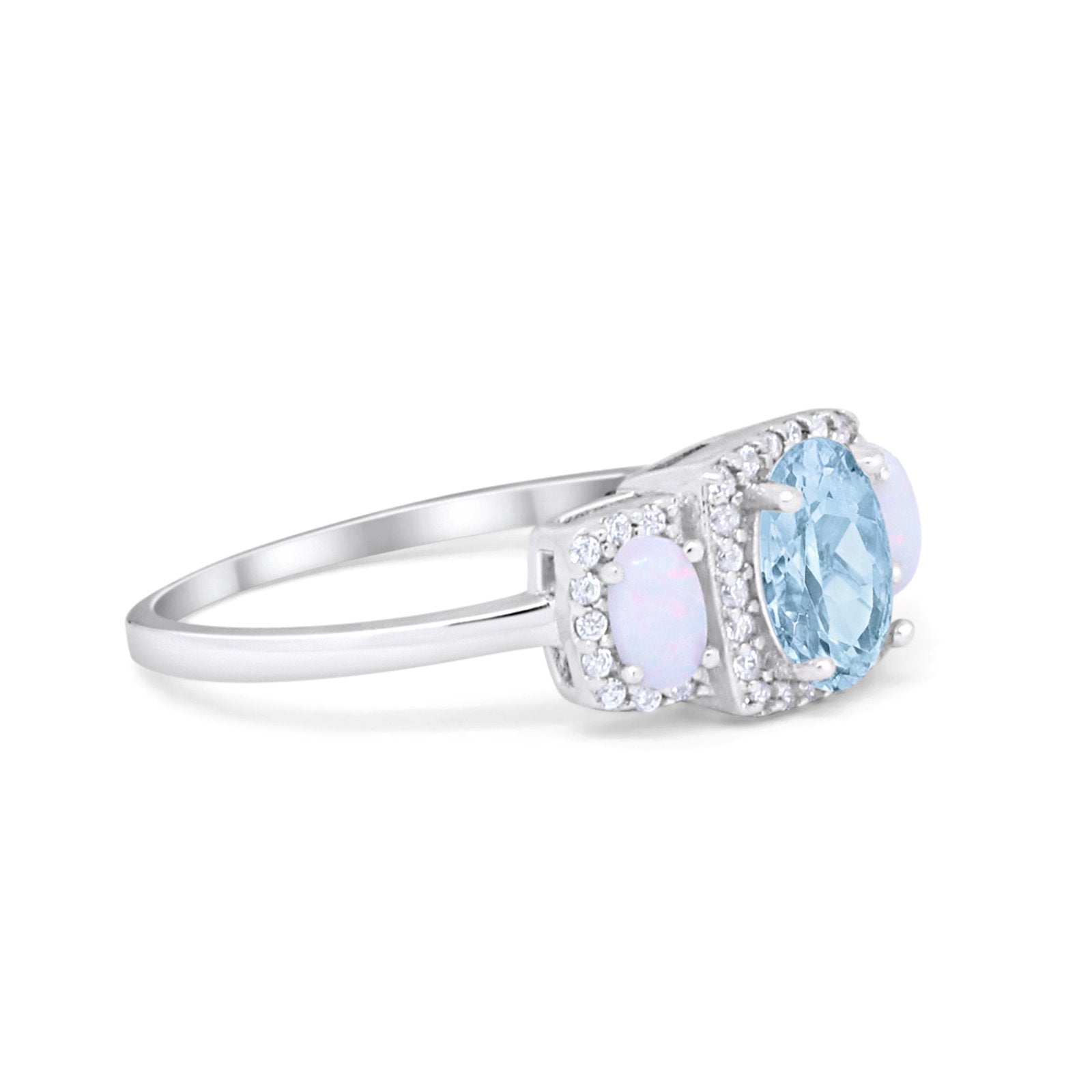 Three Stone Halo Wedding Engagement Ring Oval Round Cubic Zirconia 925 Sterling Silver Choose Color