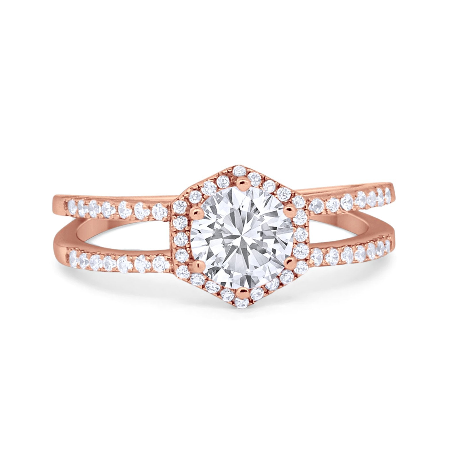 Halo Wedding Engagement Ring Split Shank 925 Sterling Silver 6 Prong Round Cubic Zirconia