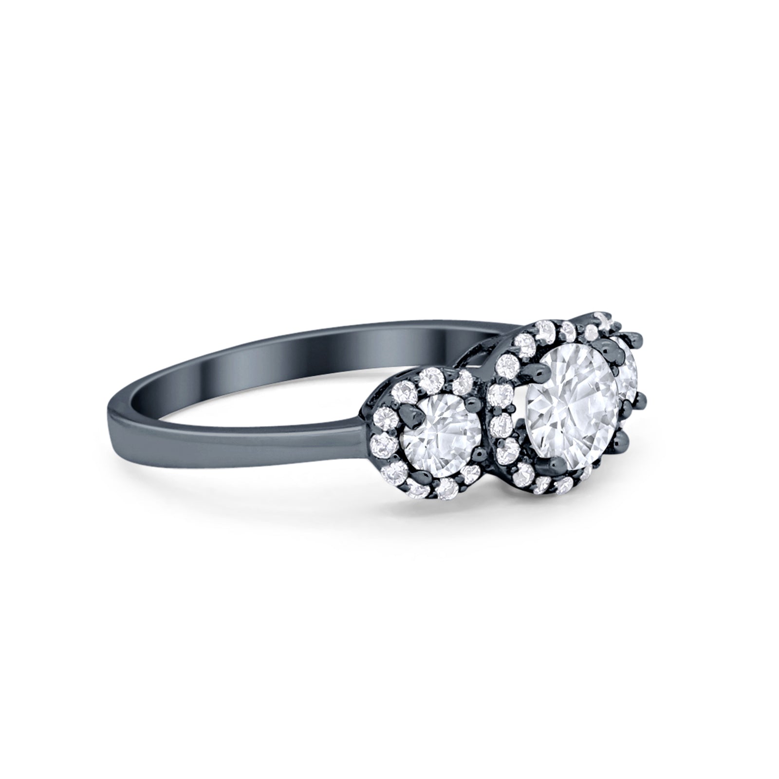 Three Stone Halo Wedding Engagement Promise Ring Simulated Cubic Zirconia 925 Sterling Silver