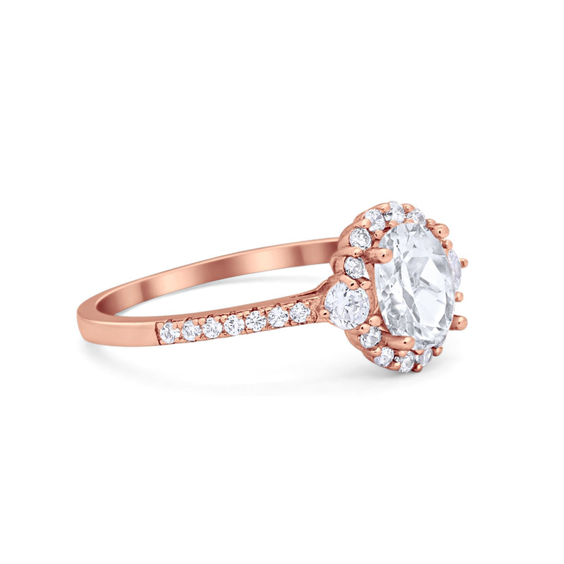 Art Deco Halo Oval Wedding Ring Simulated Cubic Zirconia 925 Sterling Silver