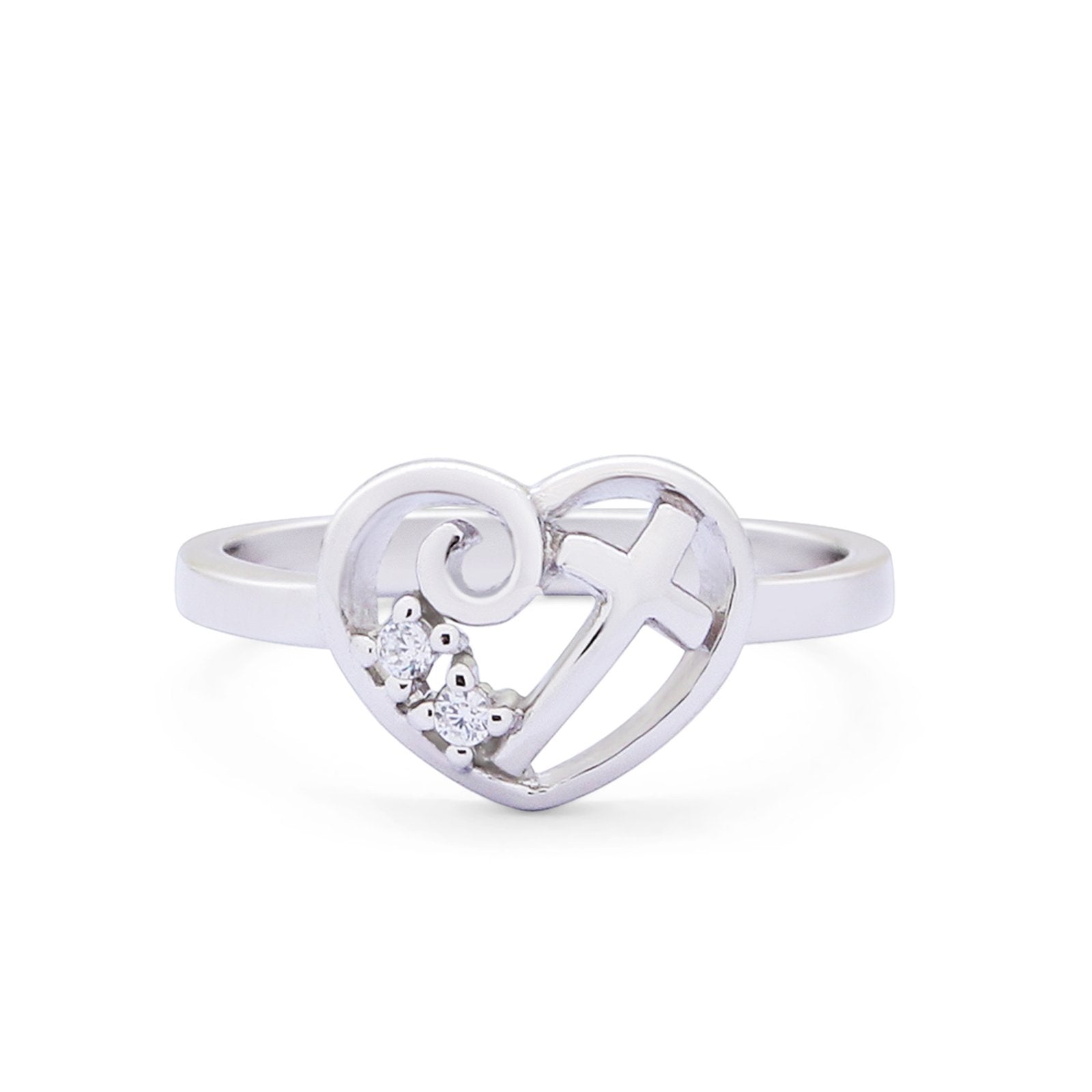 Heart Cross Ring Round Cubic Zirconia 925 Sterling Silver