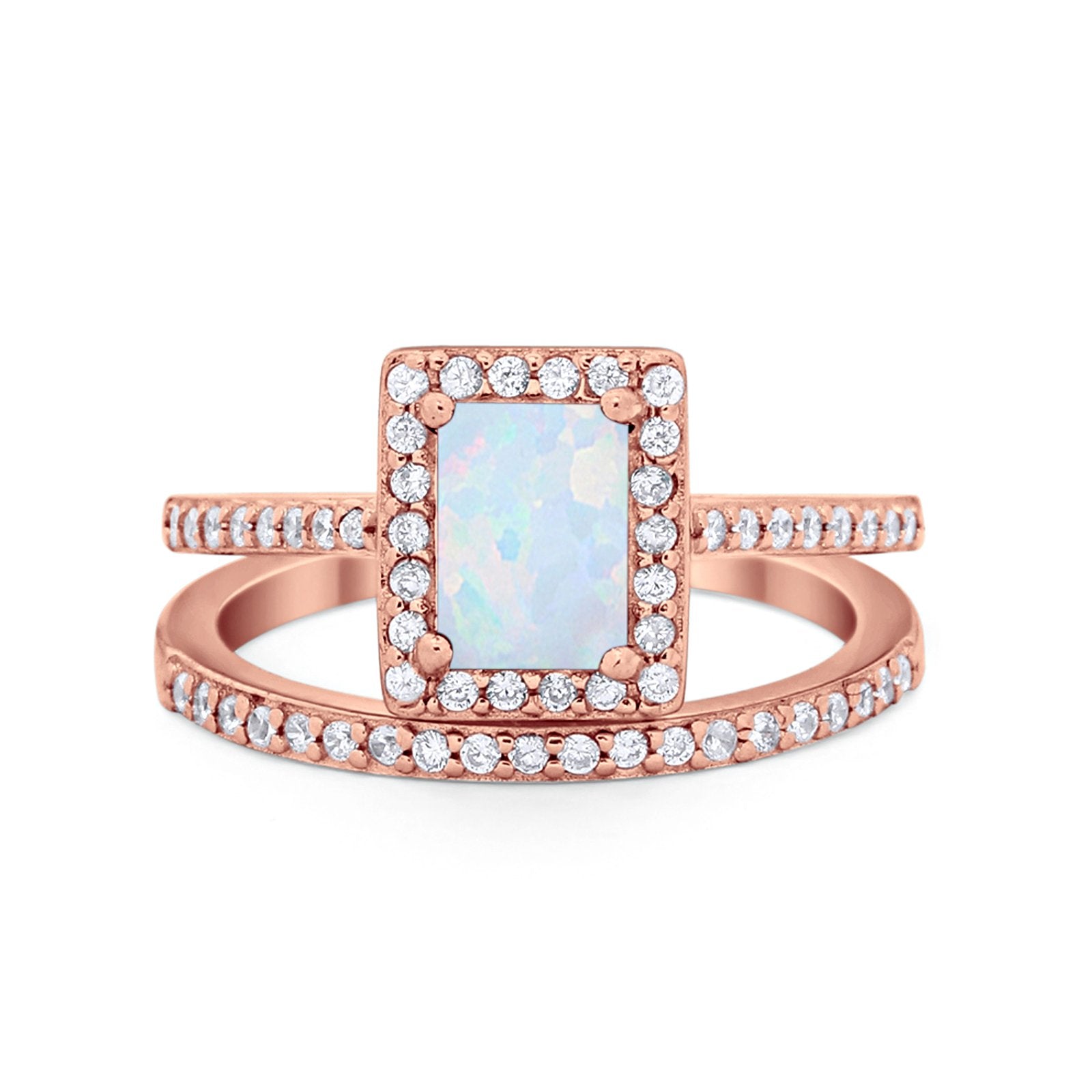 Halo Radiant Cut Wedding Engagement Ring Band Two Piece Bridal Set Cubic Zirconia 925 Sterling Silver