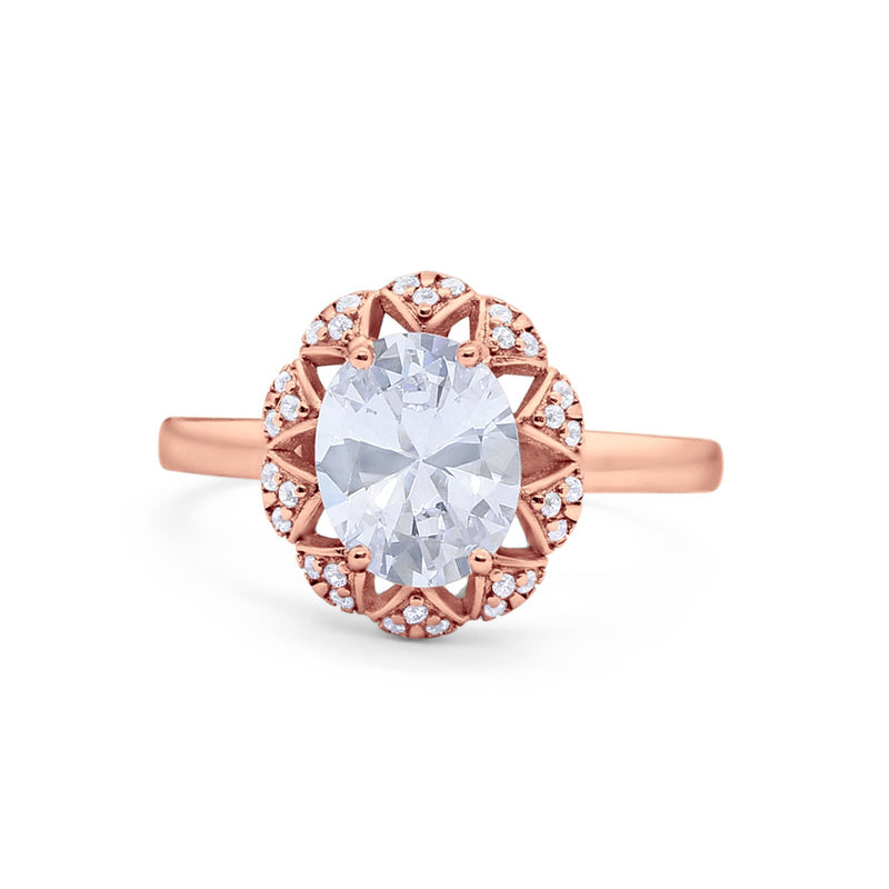 Oval Art Deco Wedding Engagement Ring Halo Round Cubic Zirconia 925 Sterling Silver