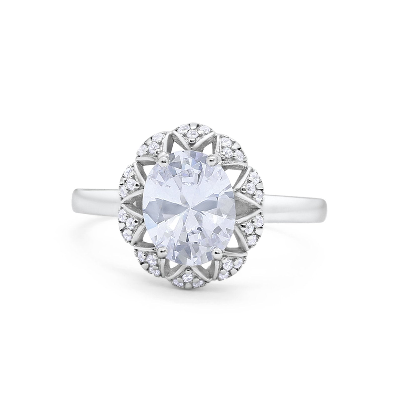 Oval Art Deco Wedding Engagement Ring Halo Round Cubic Zirconia 925 Sterling Silver