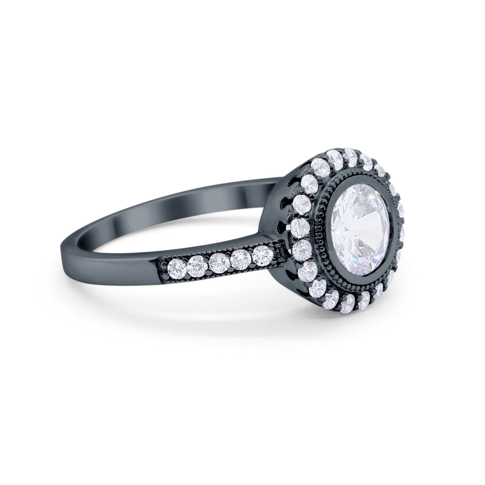 Art Deco Wedding Engagement Ring Round Bezel Cubic Zirconia 925 Sterling Silver