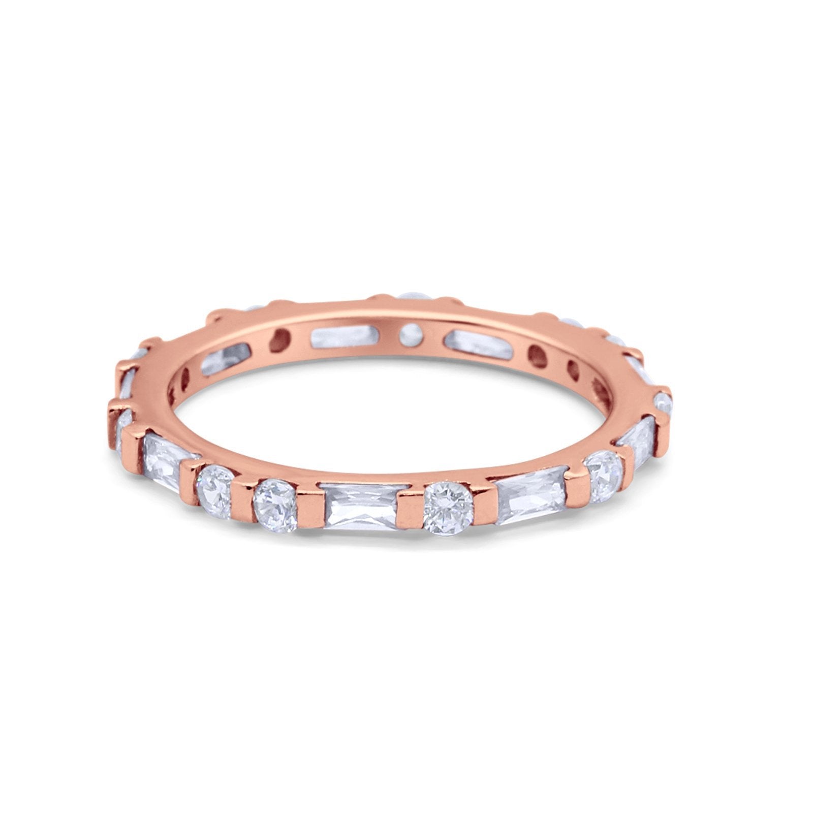 Full Eternity Stackable Art Deco Wedding Band Baguette Ring Round 925 Sterling Silver