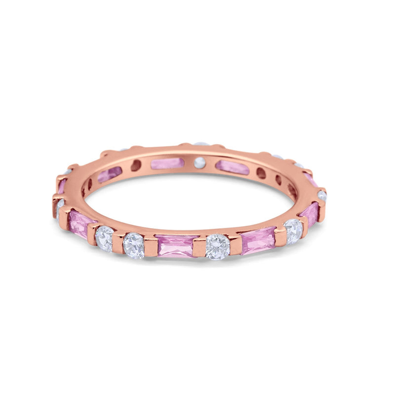 Full Eternity Stackable Art Deco Wedding Band Baguette Ring Round 925 Sterling Silver