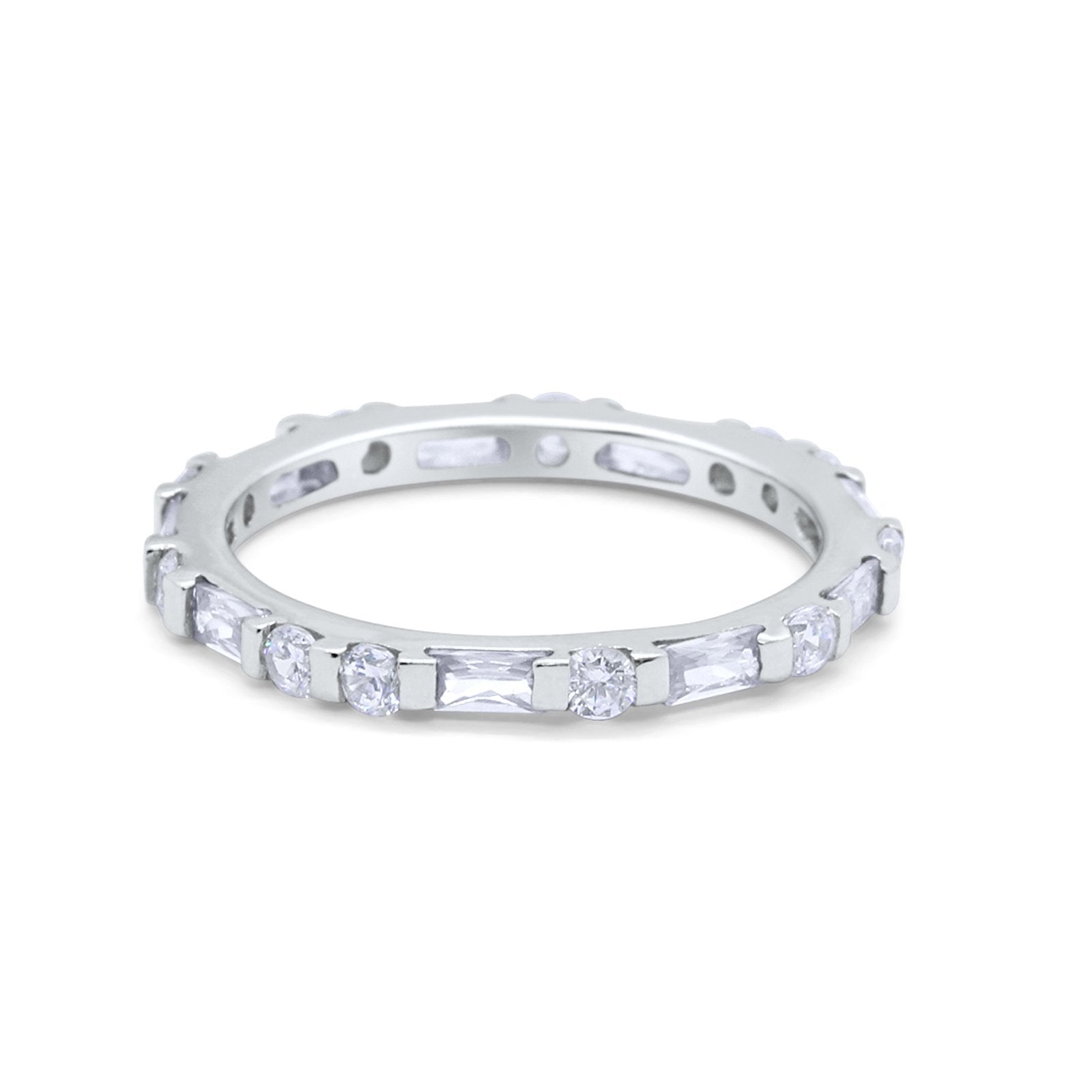 Full Eternity Stackable Art Deco Wedding Band Baguette Ring Round 925 Sterling Silver
