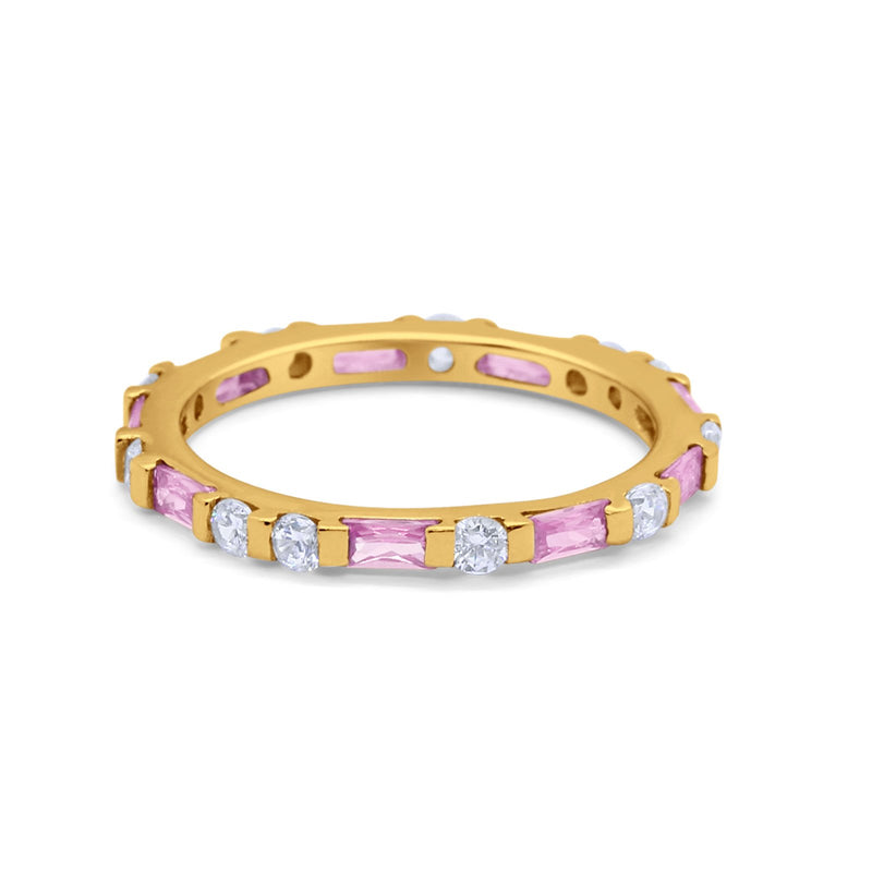 Full Eternity Stackable Art Deco Wedding Band Baguette Ring Round 925 Sterling Silver