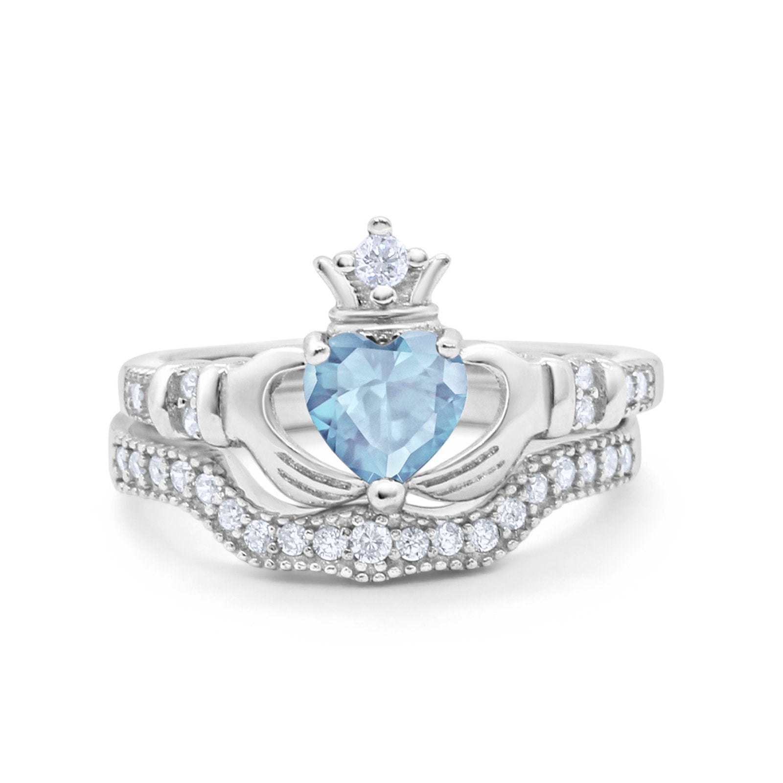 Two Piece Claddagh Bridal Set Ring Band Heart Round Cubic Zirconia 925 Sterling Silver