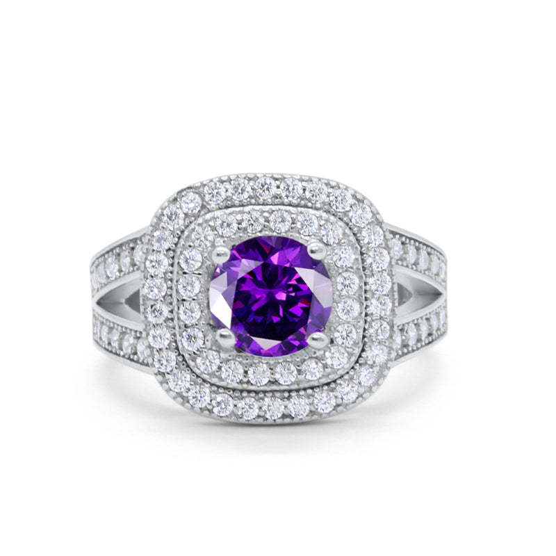 Double Halo Art Deco Split Shank Wedding Engagement Ring Round Cubic Zirconia 925 Sterling Silver