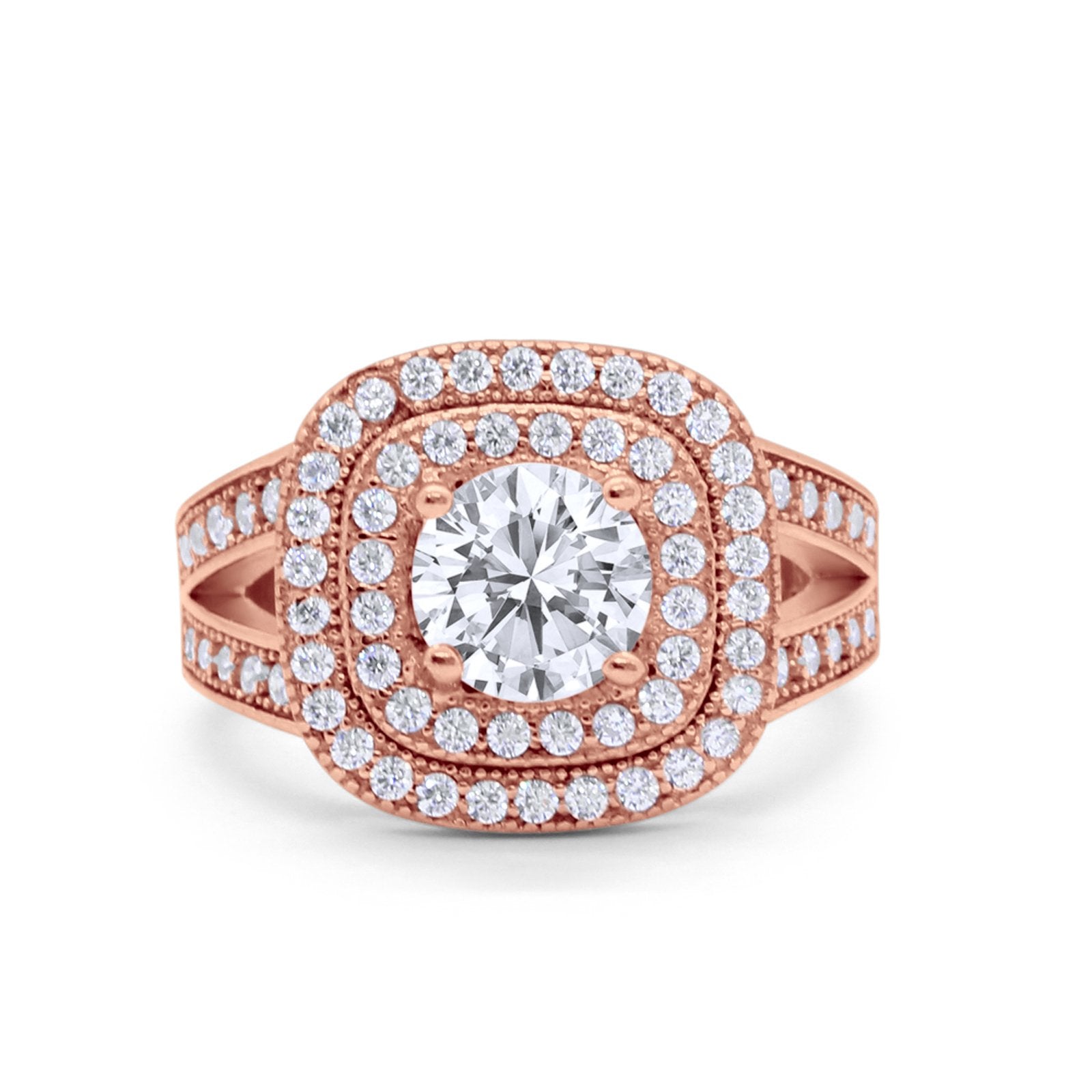 Double Halo Art Deco Split Shank Wedding Engagement Ring Round Cubic Zirconia 925 Sterling Silver