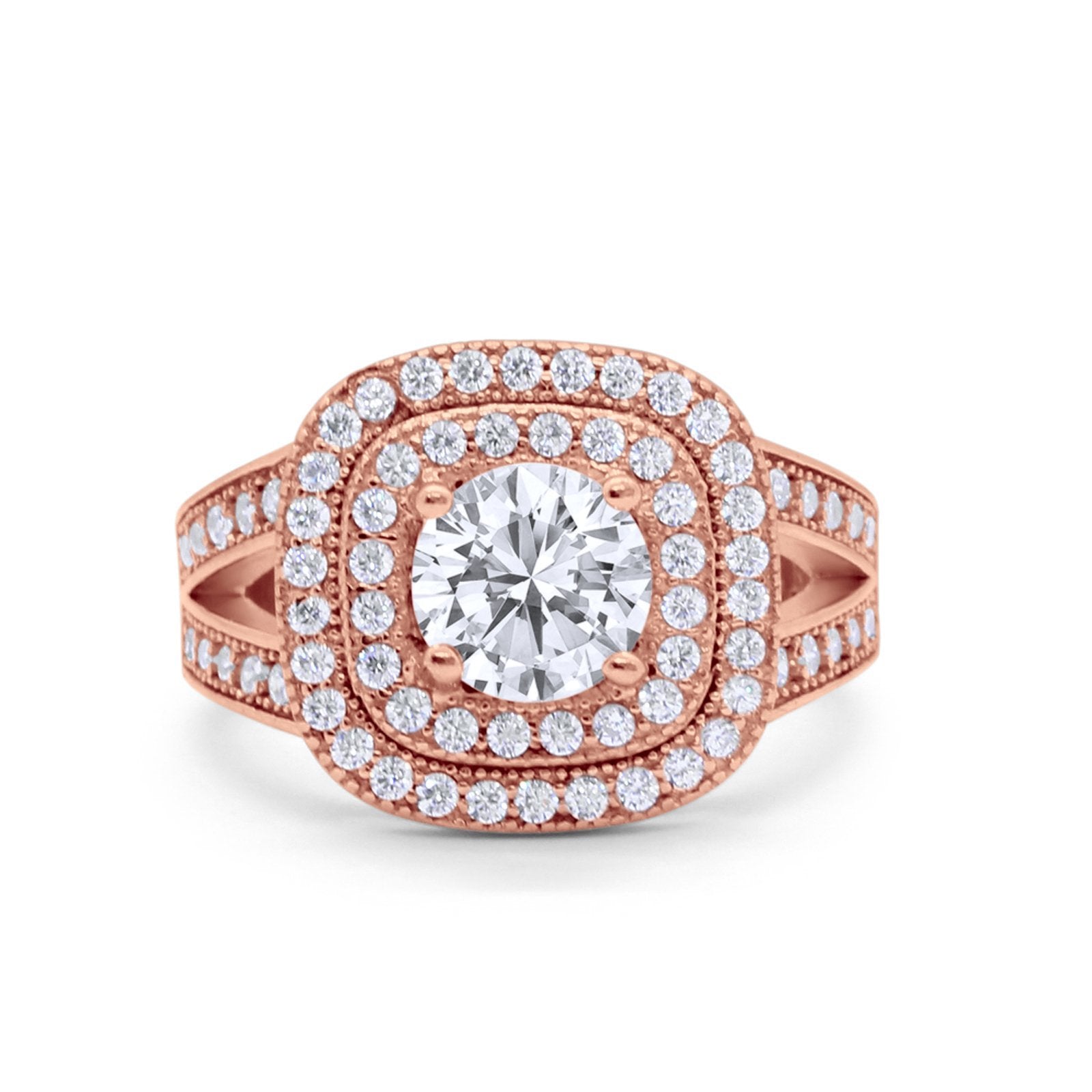Double Halo Art Deco Split Shank Wedding Engagement Ring Round Cubic Zirconia 925 Sterling Silver