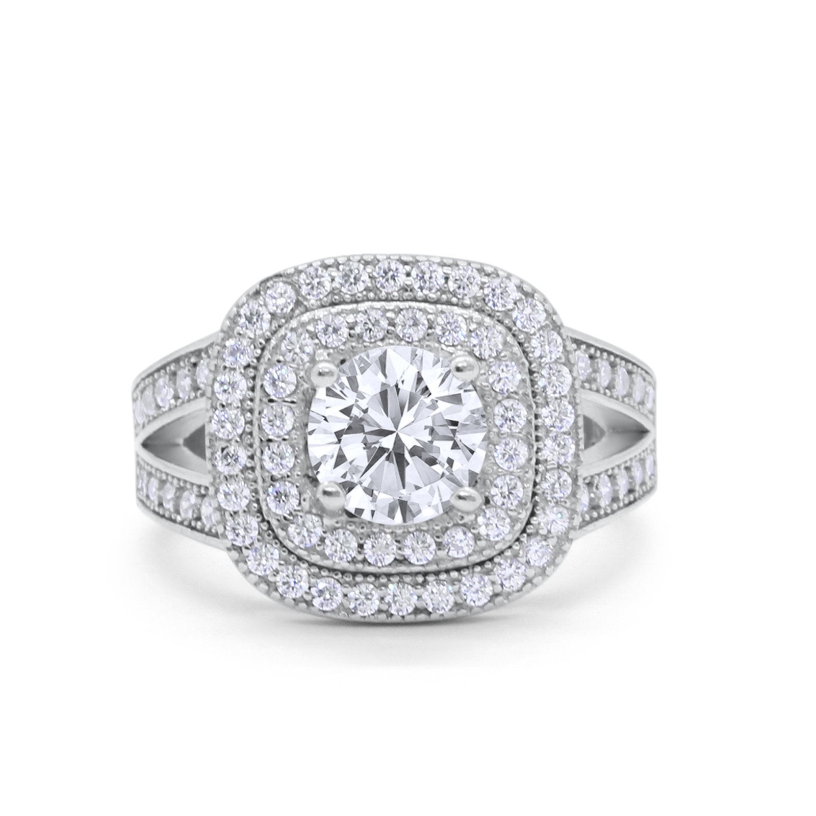 Double Halo Art Deco Split Shank Wedding Engagement Ring Round Cubic Zirconia 925 Sterling Silver