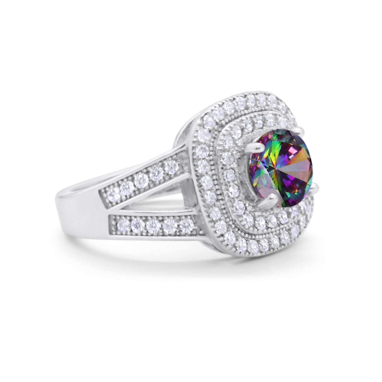 Double Halo Art Deco Split Shank Wedding Engagement Ring Round Cubic Zirconia 925 Sterling Silver