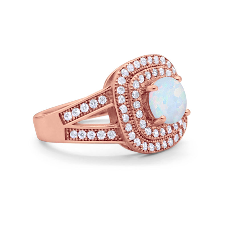 Double Halo Art Deco Split Shank Wedding Engagement Ring Round Cubic Zirconia 925 Sterling Silver