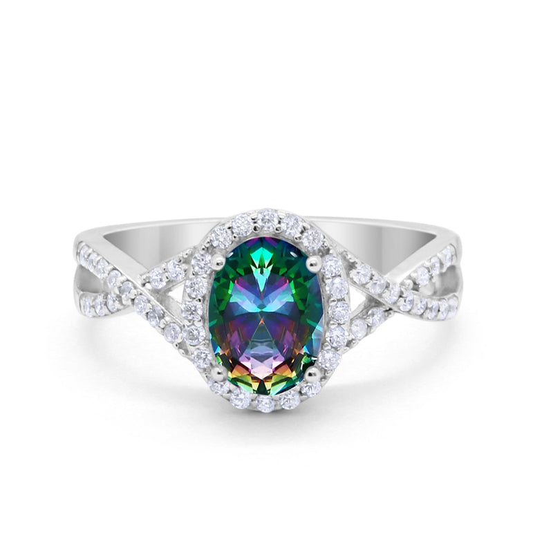 Infinity Shank Art Deco Halo Ring Oval Round Cubic Zirconia 925 Sterling Silver