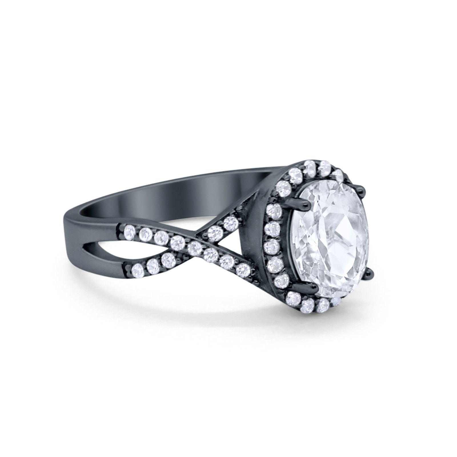 Infinity Shank Art Deco Halo Ring Oval Round Cubic Zirconia 925 Sterling Silver