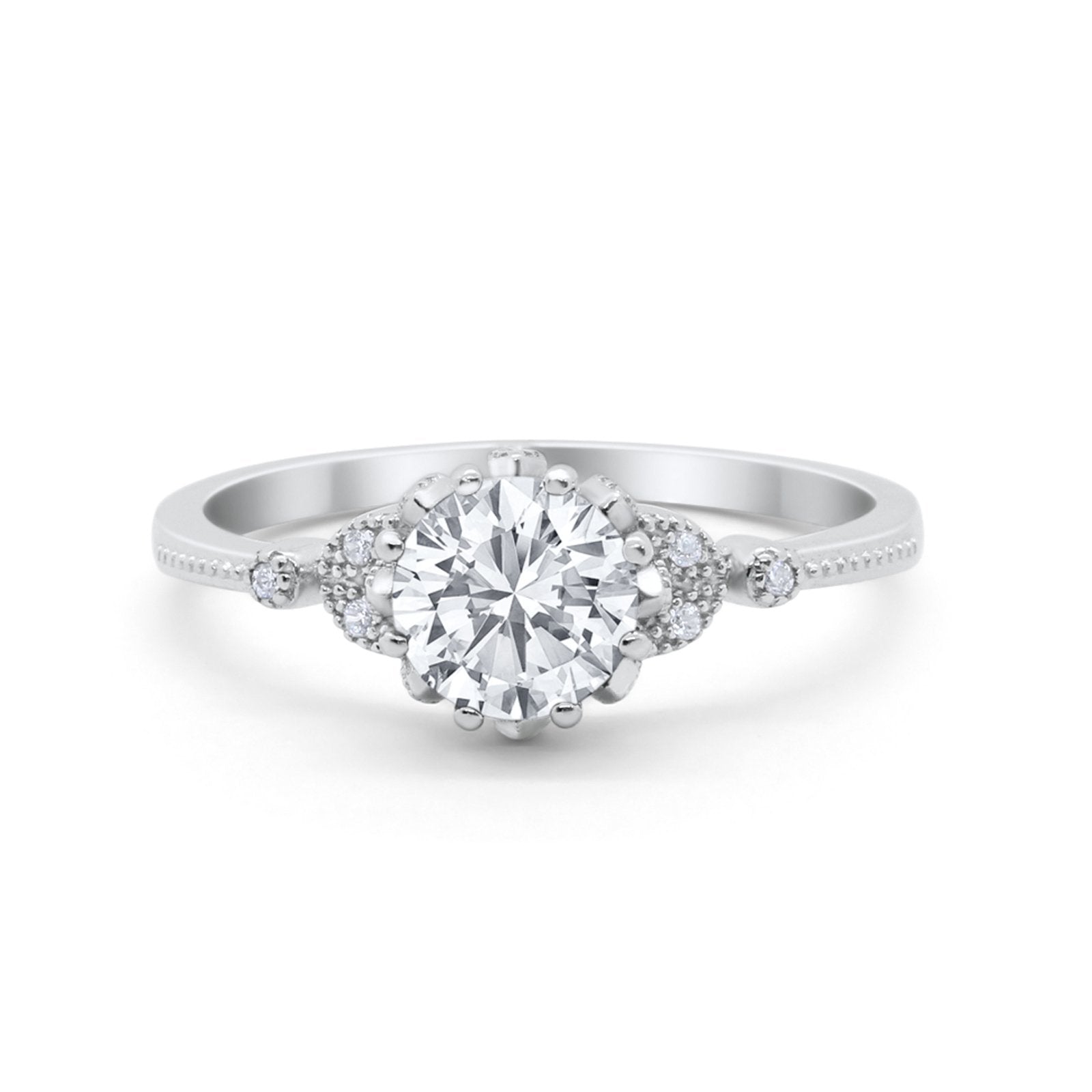 Floral Art Deco Wedding Engagement Ring Round Cubic Zirconia 925 Sterling Silver