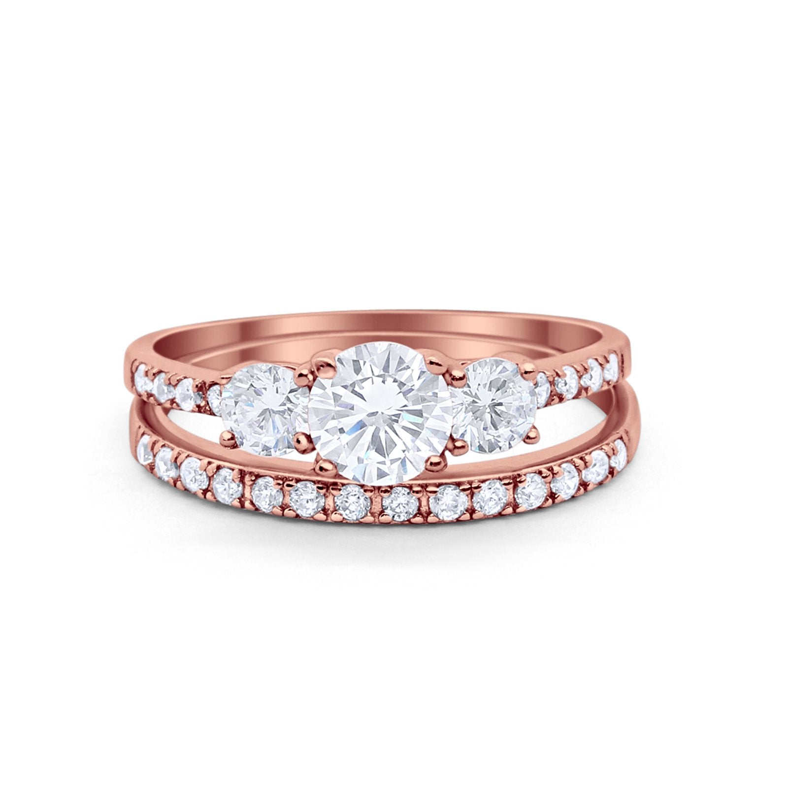 Three Stone Two Piece Wedding Engagement Bridal Set Ring Round Cubic Ziroconia 925 Sterling Silver